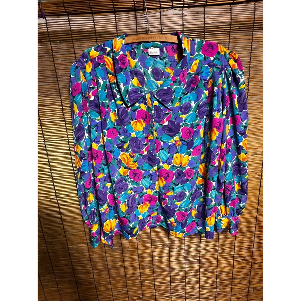 Bleyle Floral Print Button Down Blouse Purple Blue Long Sleeve Top